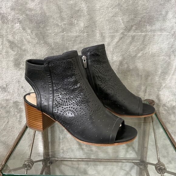 Via Spiga  Open Toe Block Heel leather Ankle Booties women’s  Size 10 Black - Picture 1 of 11